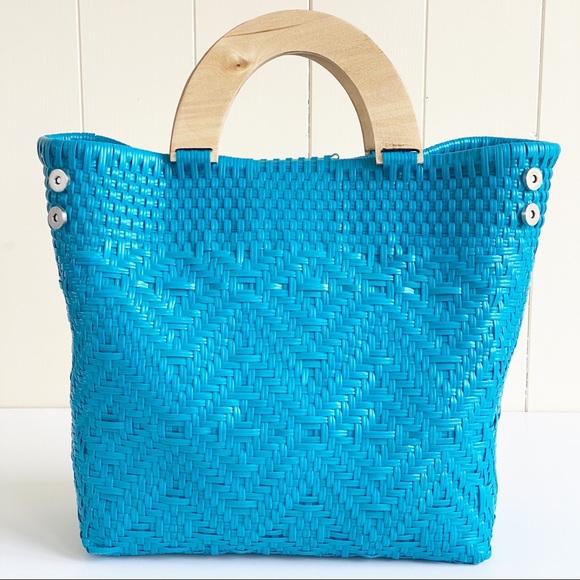 NWT Maria Victoria Elva Turquoise Blue Woven PVC Handbag Tote Mexico - Picture 15 of 15